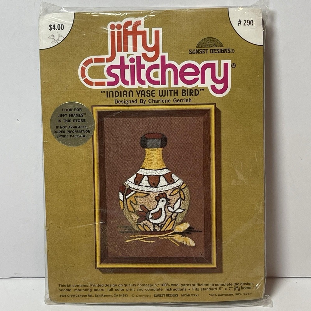 Sunset Designs Jiffy Stitchery Embroidery Kit "Indian Vase w Bird" #290 5x7 New